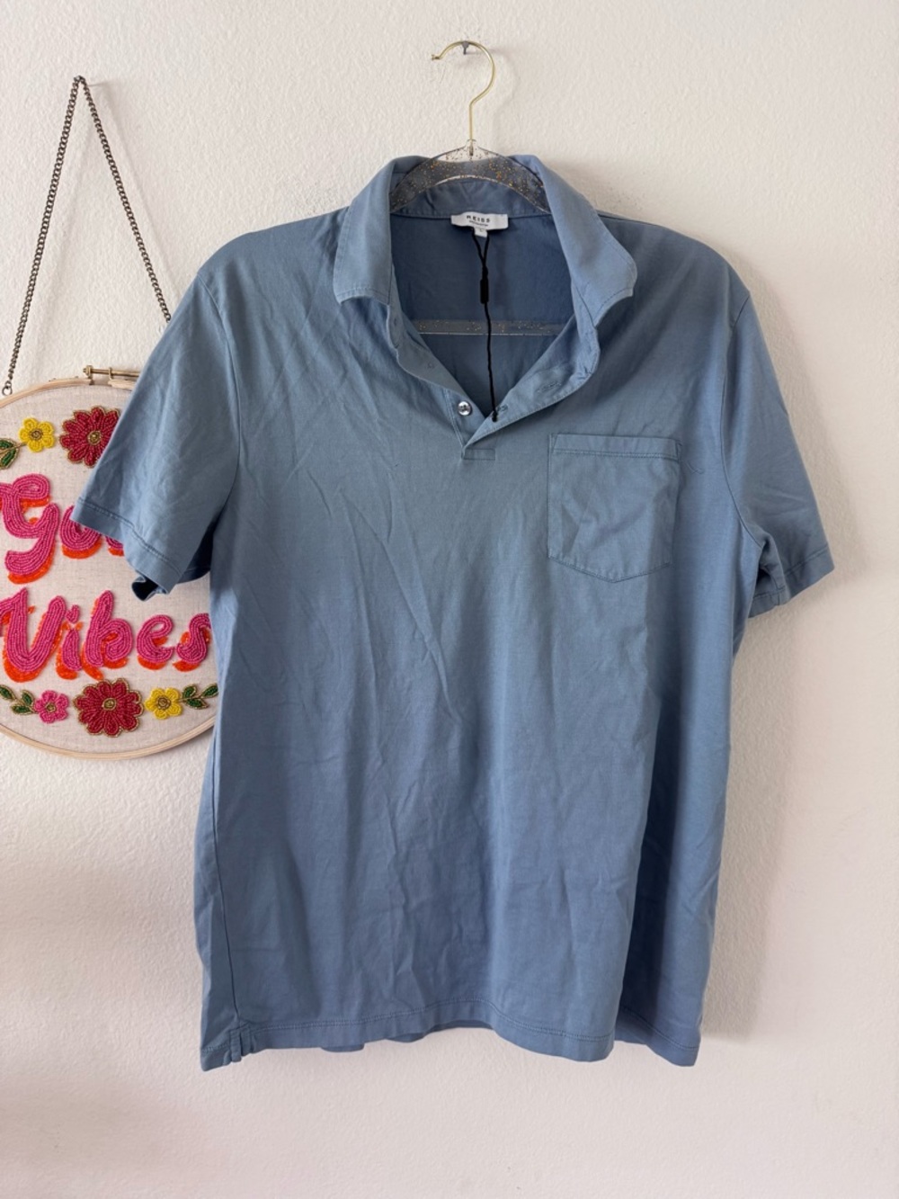 NWOT Reiss Egyptian Cotton Blue Short-Sleeve Polo (flaw)